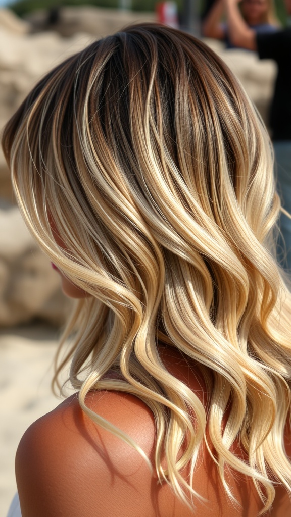 Ombre beach waves hairstyle showing a blend of darker roots and lighter tips