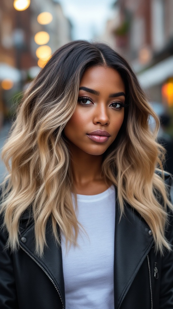 A woman with long, wavy hair showcasing an ombre blonde style, featuring dark roots blending into lighter ends.