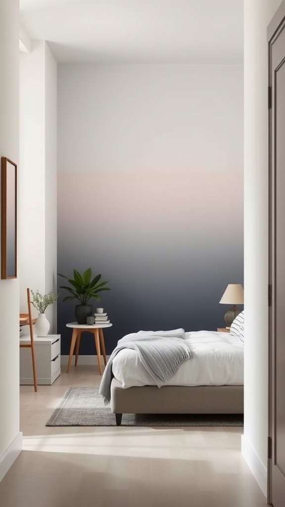 A bedroom featuring an ombre wall design transitioning from soft pink to deep navy.