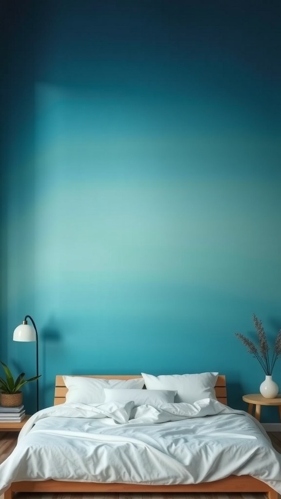 Bedroom with ombre effect wall in shades of teal