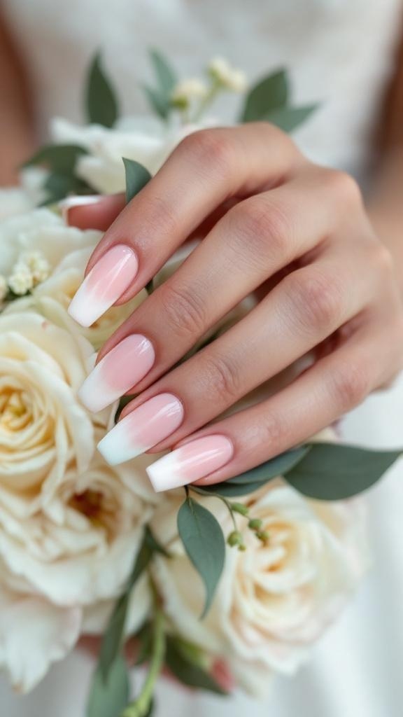 A close-up of a hand with ombre French nails featuring intricate designs and embellishments.