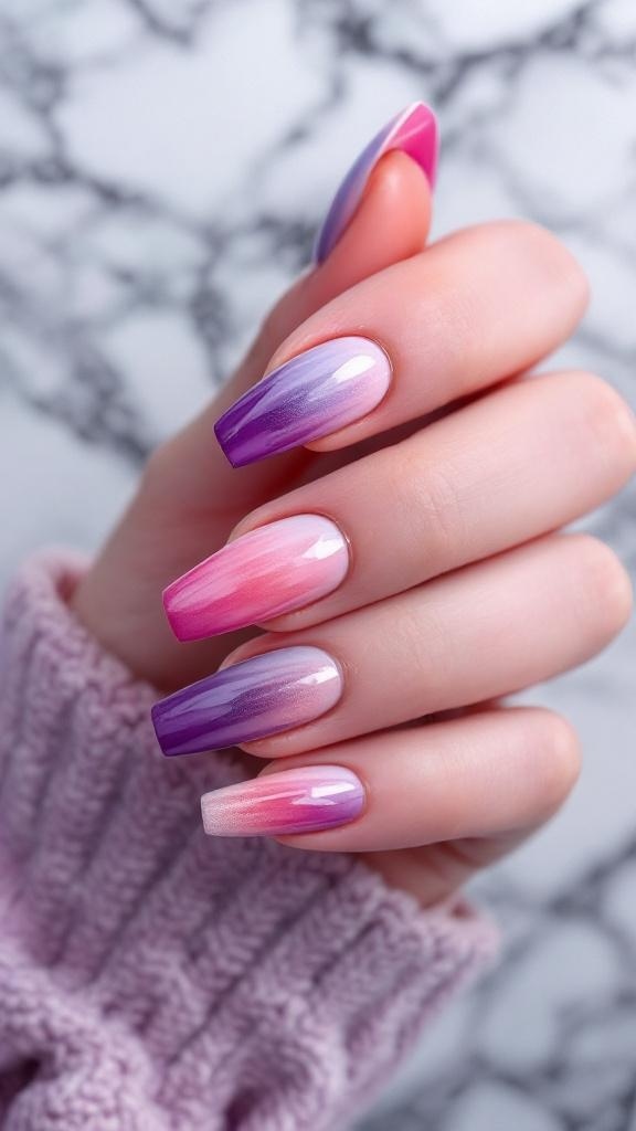 Nails with an ombre gradient effect in purple shades, featuring rhinestone accents.