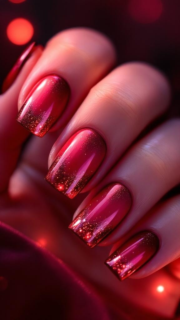 Ombre red nails with glitter tips, featuring a gradient effect and elegant rings.