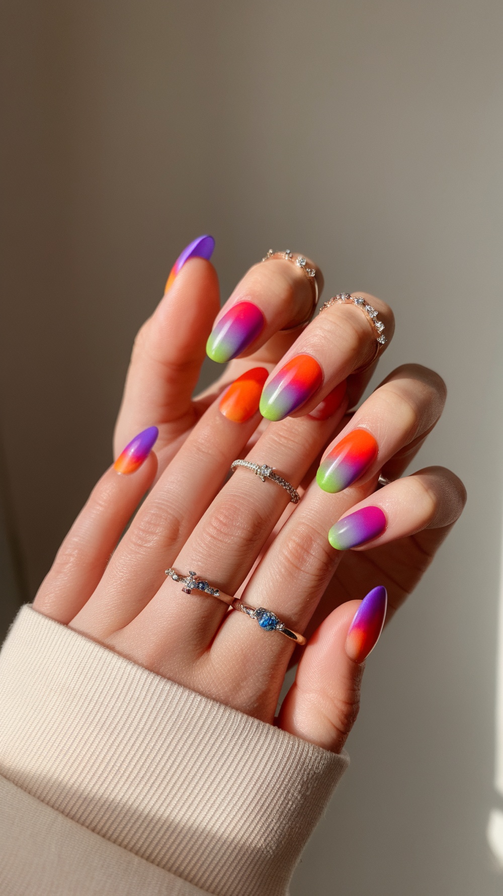Ombre sunset gradient nails featuring vibrant colors like orange, pink, purple, and green, adorned with delicate rings.