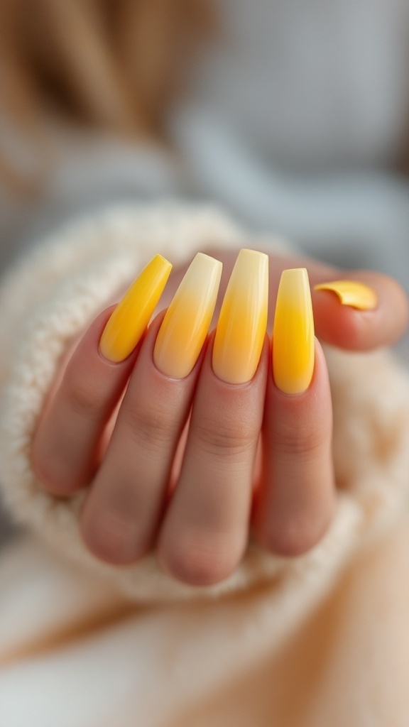 Ombre yellow nails showcasing a gradient from light to dark yellow.