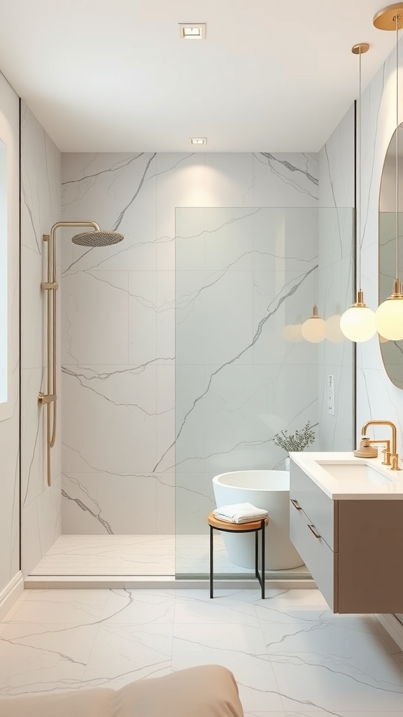 A modern open-concept bathroom featuring a walk-in shower, freestanding tub, and elegant fixtures.