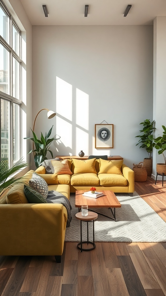 A bright living room featuring an olive green couch, large windows, and wooden accents.