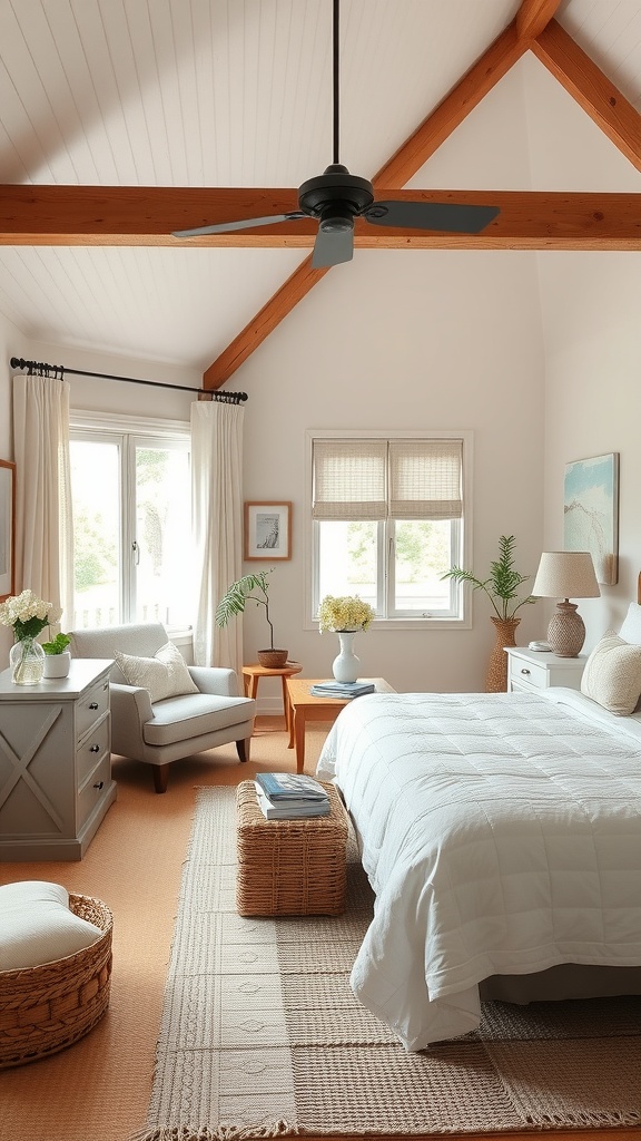 Cozy cottage bedroom with open-concept layout, featuring high ceilings, exposed beams, and natural light.
