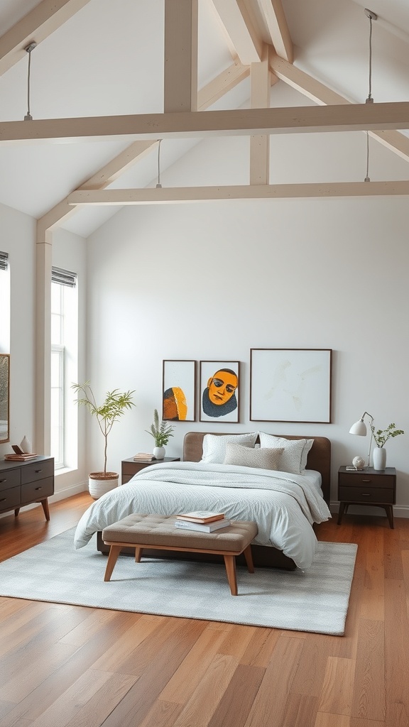 A spacious loft-style bedroom with high ceilings, wooden beams, and minimalist furniture.