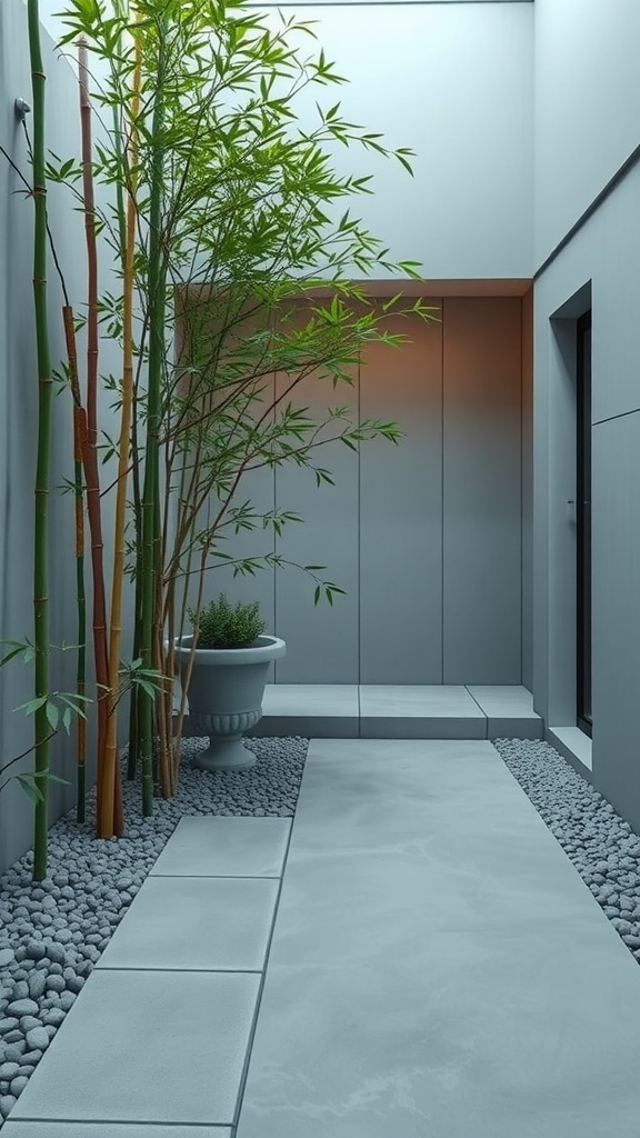 A modern minimalist courtyard garden with bamboo, smooth stones, and gray pathways