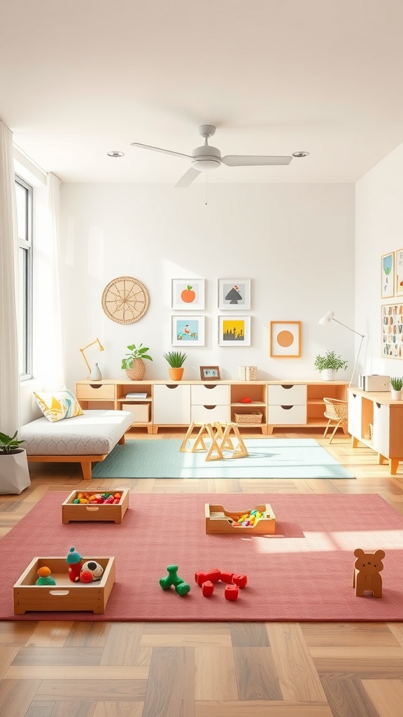A bright toddler bedroom with open-ended play spaces, featuring colorful toys, soft rugs, and accessible furniture.