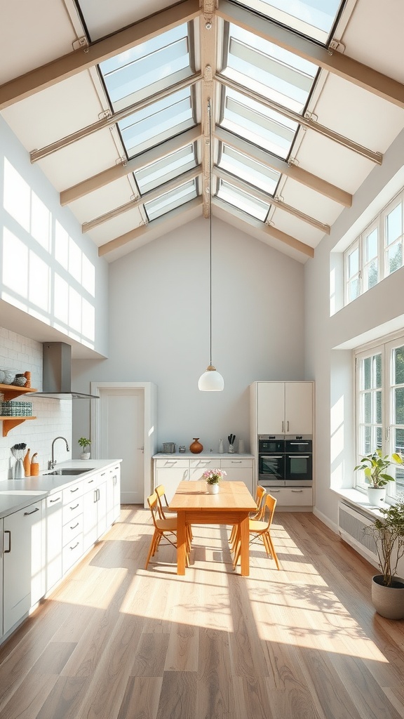 Open-plan kitchen featuring skylights and a wooden dining table