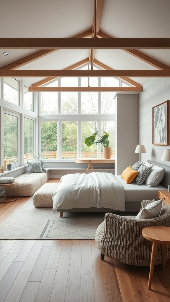 A bright open-plan living space with large windows, wooden beams, and cozy furniture.