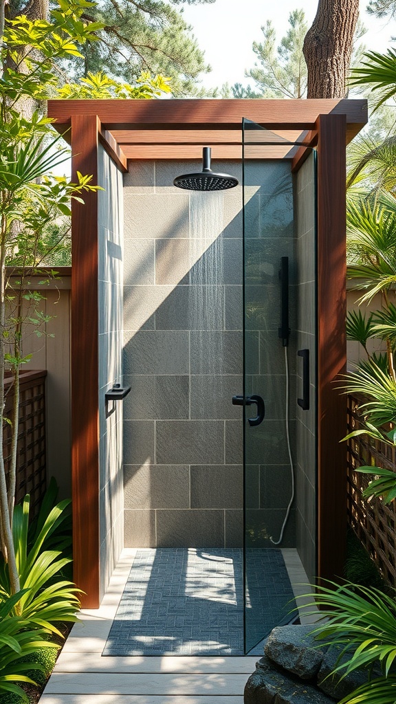 Open air shower surrounded by greenery and natural elements.