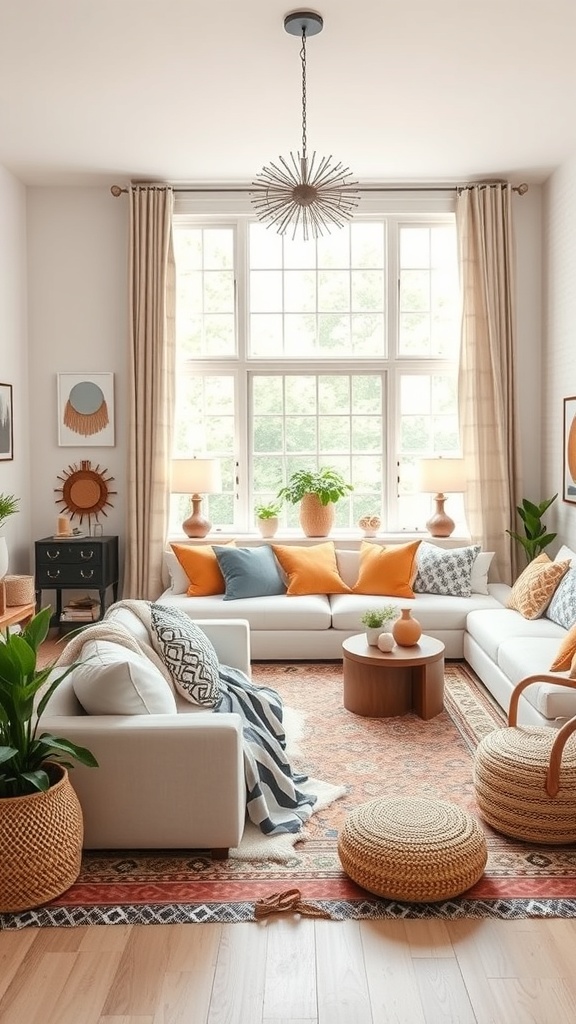 A bright and airy bohemian living room with white sofas, colorful cushions, plants, and large windows.