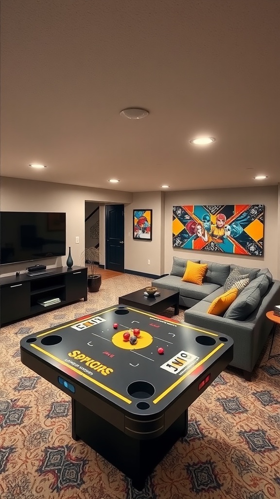 A stylish basement living room featuring a cozy couch, a TV, and an air hockey table.