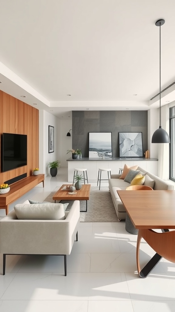 A stylish open concept living room featuring a TV wall with wooden accents, modern furniture, and decorative art.