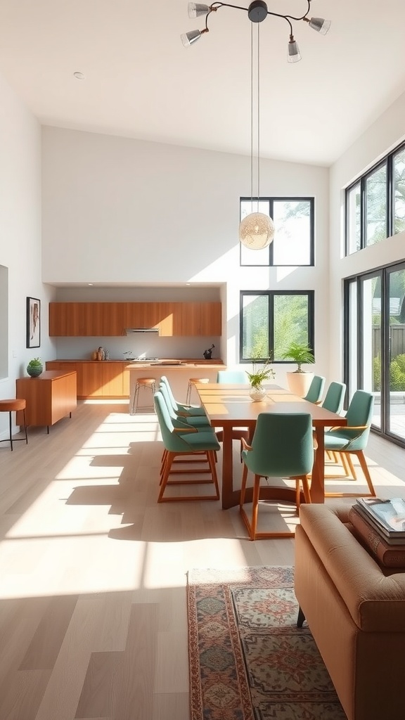 A modern open concept dining room and living room layout with large windows, wooden furniture, and a light color scheme.