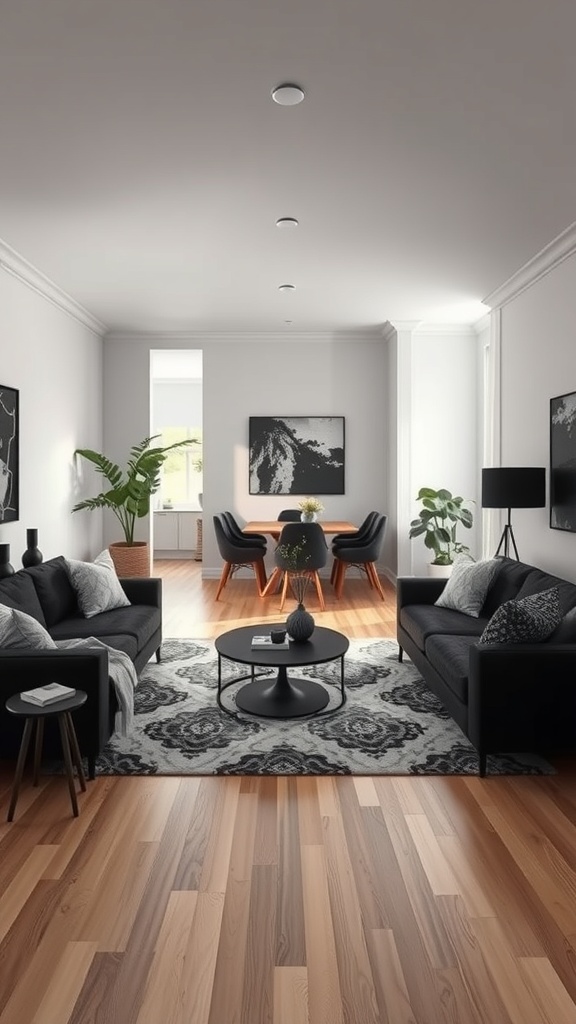Open concept living room with black sofas, patterned rug, and dining area.