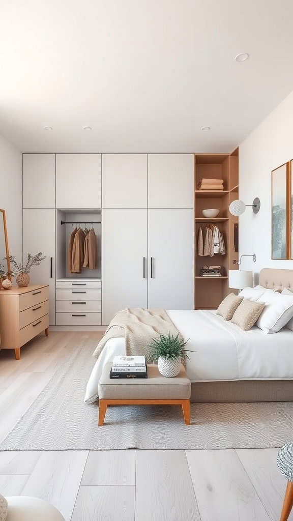 A bright and airy walk-in wardrobe with sleek cabinetry and a cozy seating area.