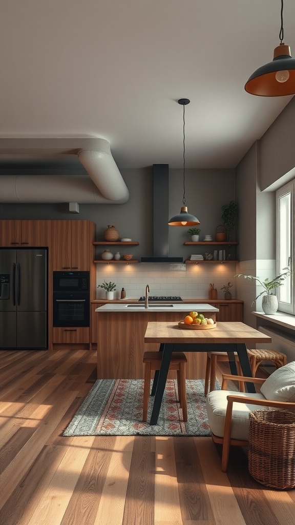 A cozy open-concept kitchen featuring wooden elements, a dining table, and soft lighting.