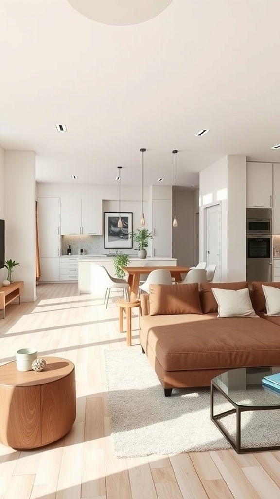 Cozy open concept living room with a brown couch, light wood flooring, and natural light.