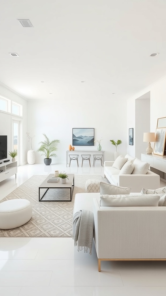 A bright and airy white living room with a cozy seating area, coffee table, and plants, showcasing open concept flow.