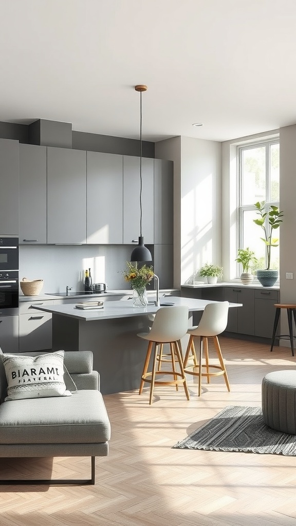 A modern open concept grey kitchen featuring sleek cabinetry, a kitchen island, and large windows allowing natural light to fill the space.