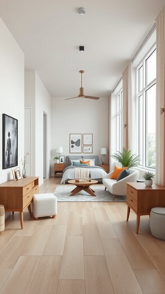 A stylish open concept hallway with large windows, light wood flooring, and modern furniture.