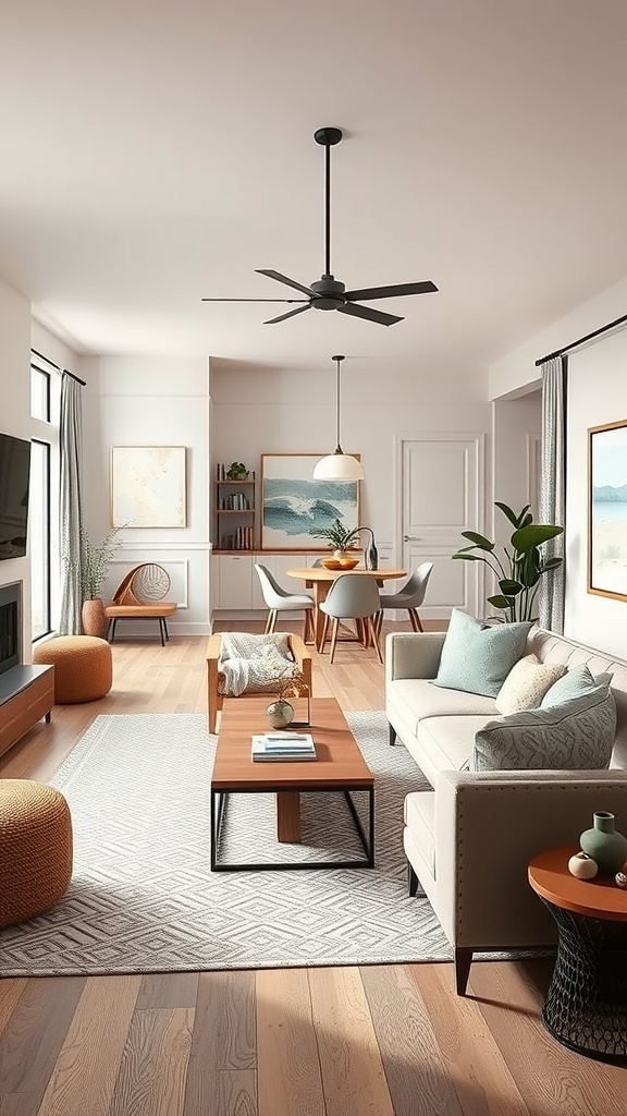 A beautifully designed open concept living and dining room with modern furniture and decor.