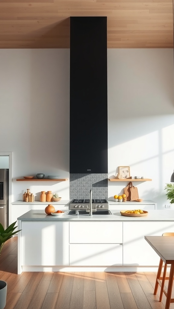Modern open concept kitchen featuring a tall black chimney and bright white cabinetry