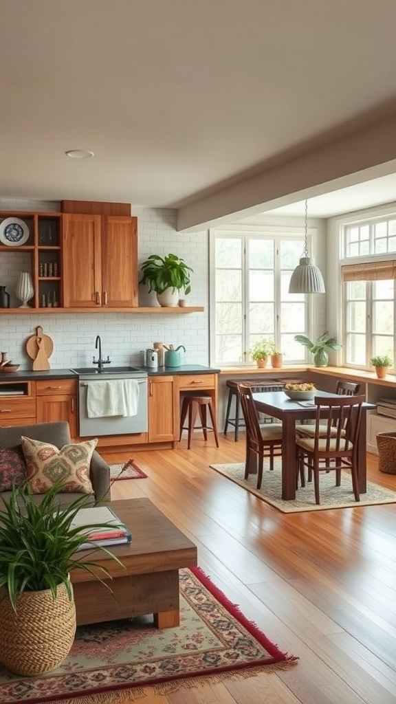 A cozy open concept kitchen with wooden cabinets, plants, and a dining area.