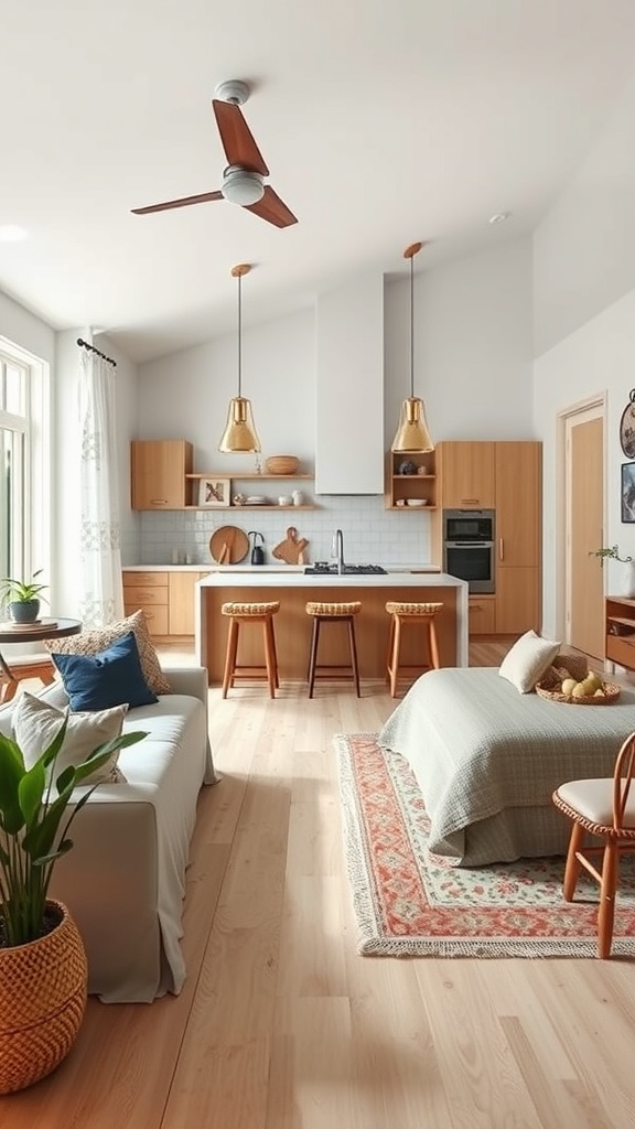 A boho kitchen with an open concept layout, featuring light wood flooring, modern appliances, and cozy seating.
