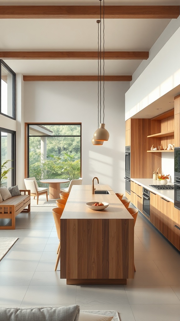 A spacious open concept kitchen featuring a wooden island, large windows, and a cozy seating area.
