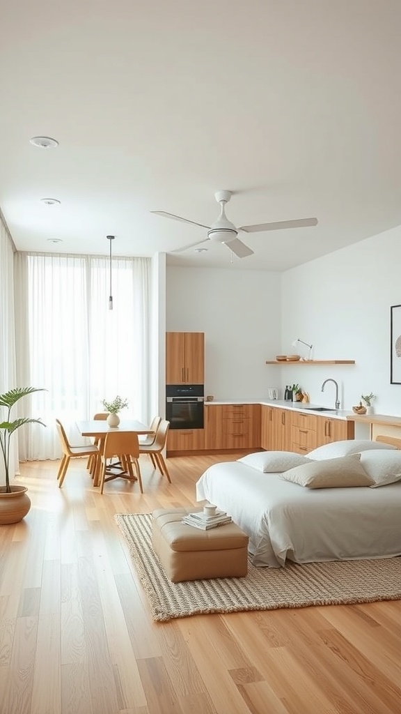Open concept kitchen and living area with wooden furniture and natural light