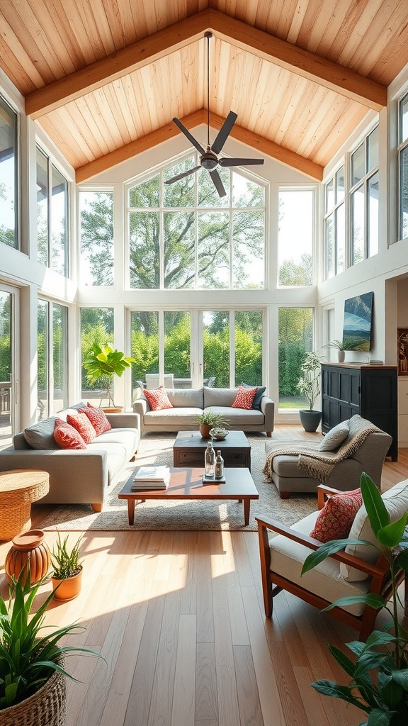 Bright open concept living space with large windows, comfortable seating, and plants