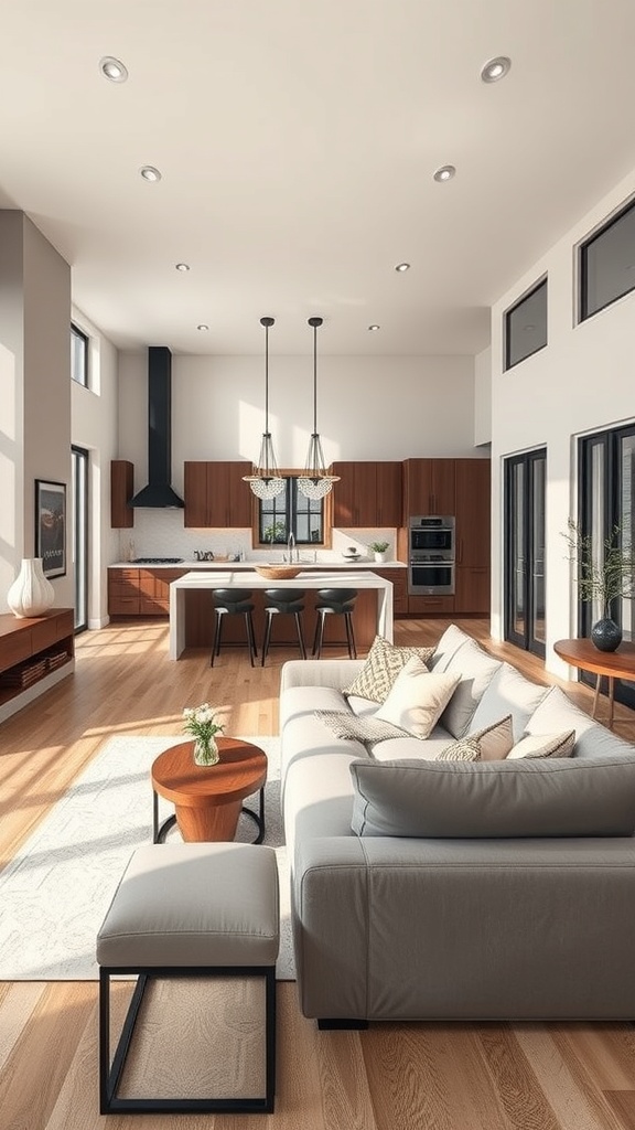 Modern open concept living space featuring a kitchen with an integrated chimney, warm wood cabinetry, and a cozy seating area.