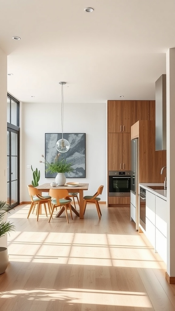An open concept kitchen with wooden cabinets and a dining area featuring a table and colorful chairs.