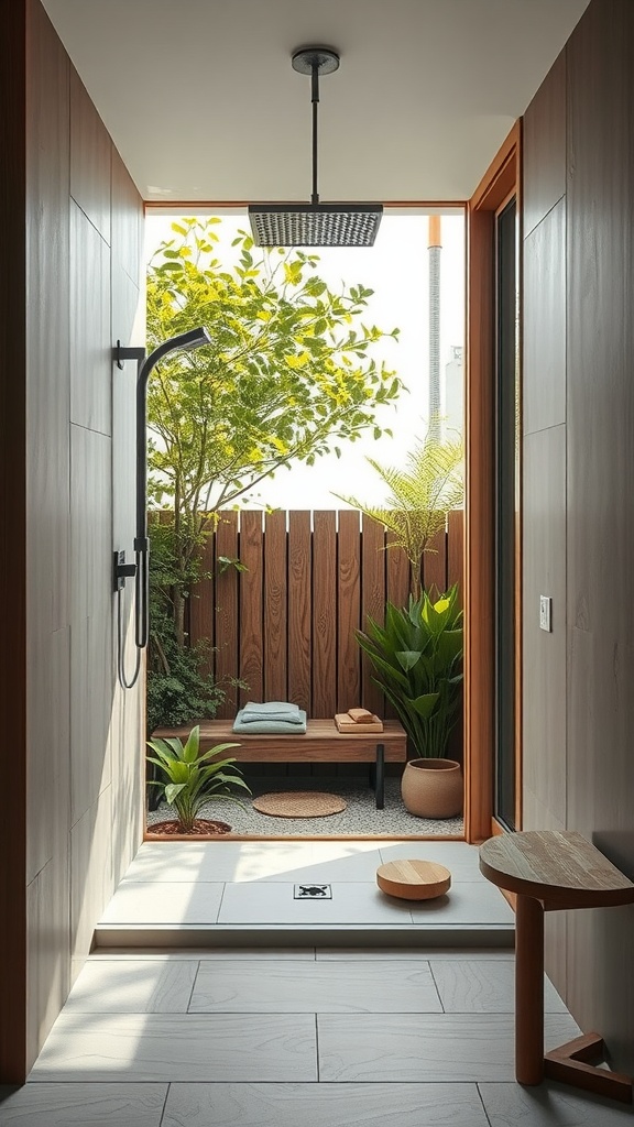Open concept shower with greenery and wooden accents