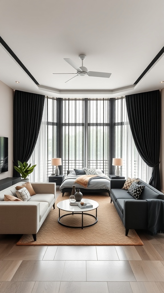 A modern living room featuring black curtains, large windows, and a cozy layout.