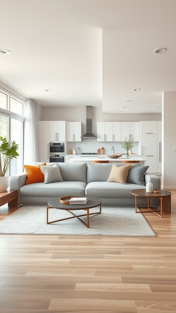 A light grey couch in an open-concept living room with a modern kitchen in the background.