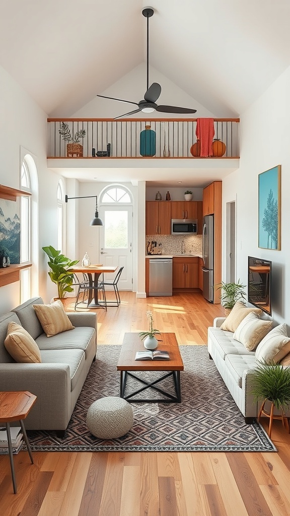 A bright open floor plan in a tiny apartment featuring a living area, kitchen, and dining space.