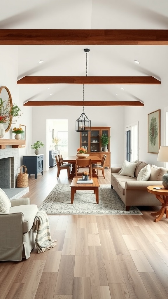Open floor plan farmhouse living room with wooden beams and cozy furniture