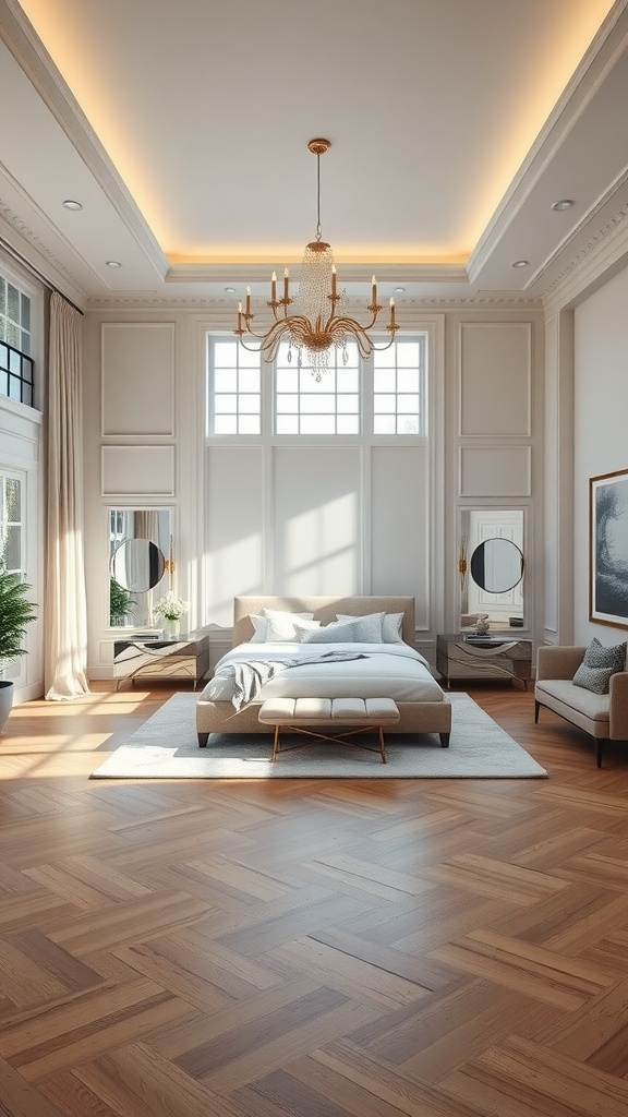 A spacious and elegant mansion bedroom featuring large windows, a chandelier, and light-colored decor.