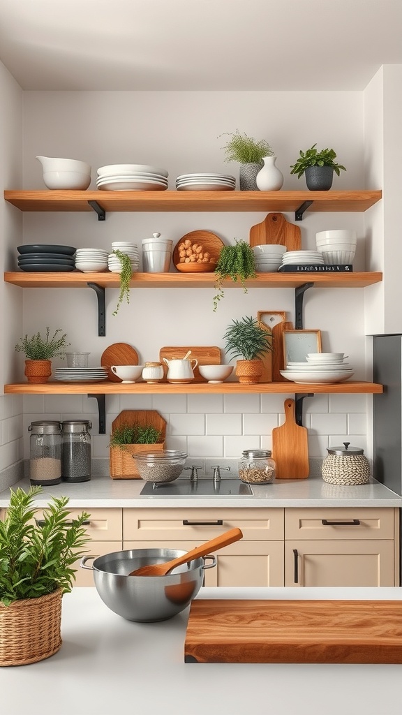 Open kitchen shelves displaying plates, bowls, and plants in a modern kitchen.