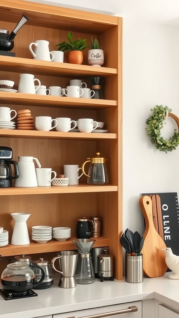 Open shelf coffee display with mugs, coffee maker, and decorative plants
