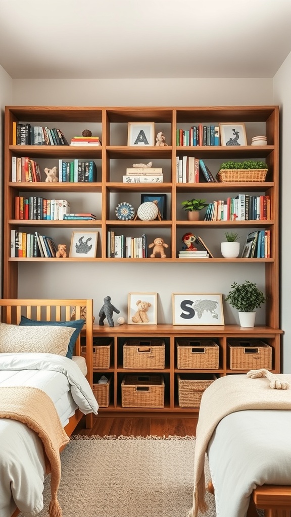 A nursery with an open bookshelf filled with books, toys, and decorative items, complemented by woven baskets for storage.