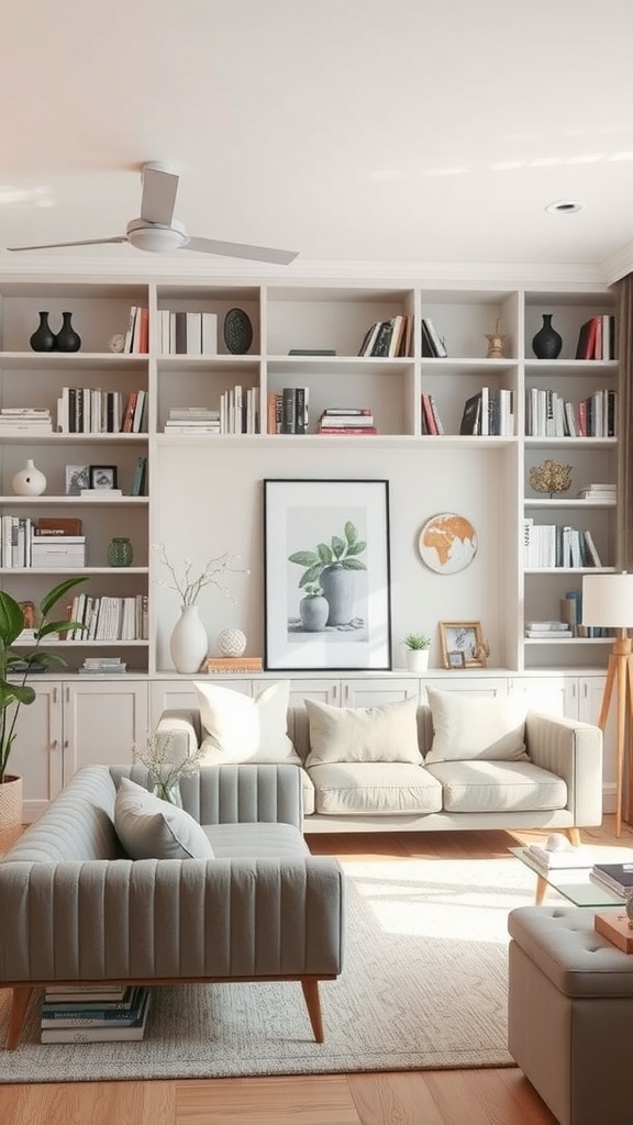 A living room featuring open shelving filled with books and decor, light-colored sofas, and a cozy atmosphere.