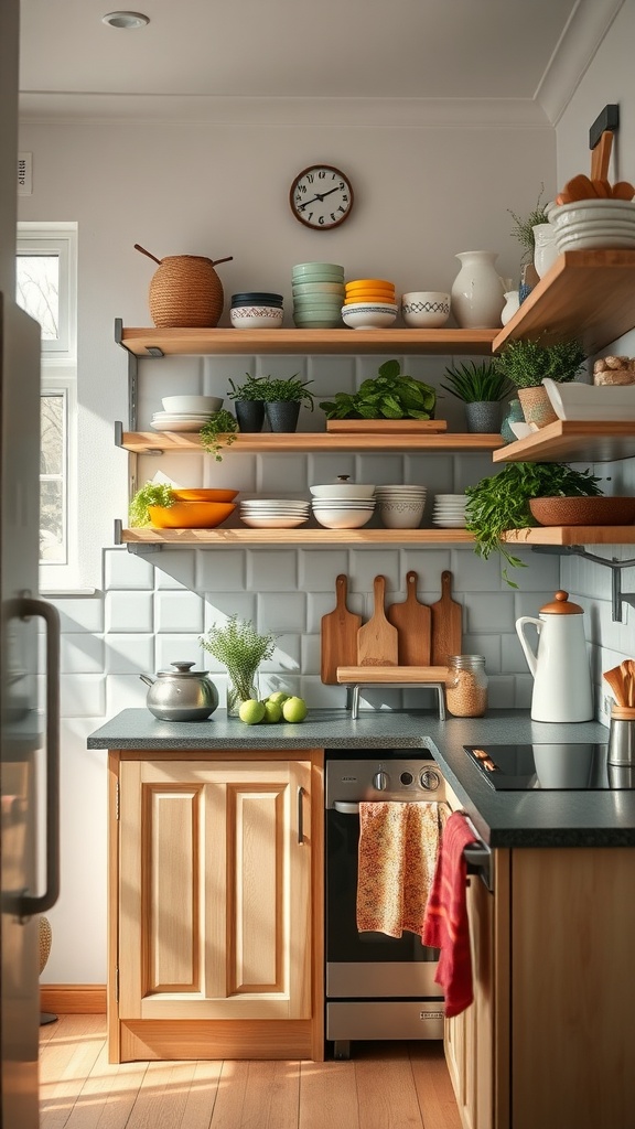 A cozy kitchen with open shelving, showcasing colorful dishes and plants.