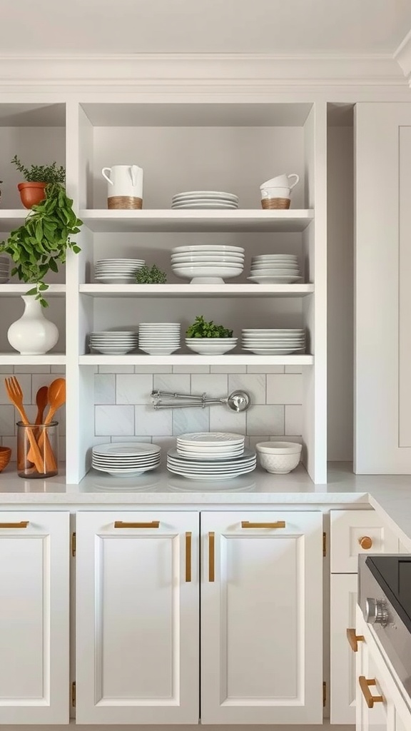 Open kitchen shelving with plates and decorative plants